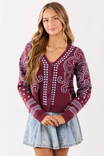 Berry Dot Art Damask Button Down Sweater Cardigan