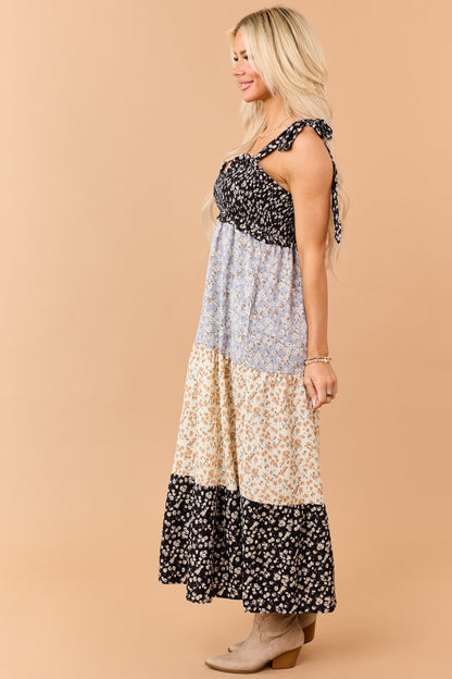 Black Colorblock Floral Smocked Bust Maxi Dress