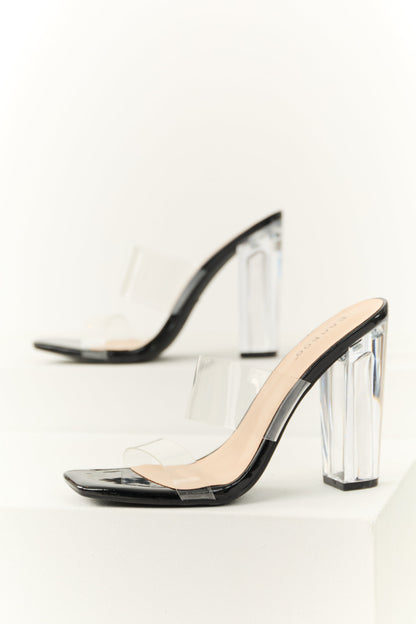 Black Clear Open Toe Block Heels