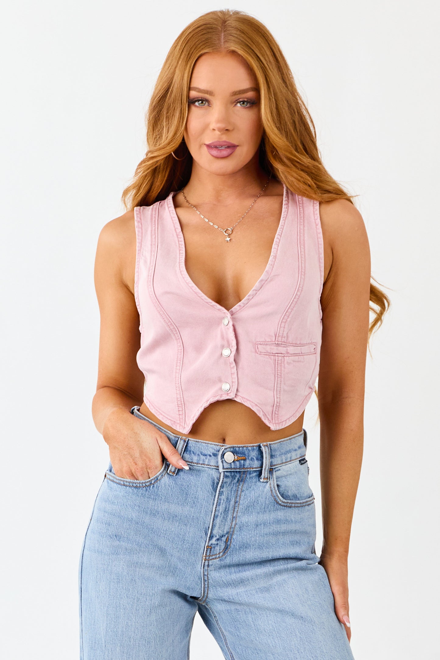 Carnation Button Down Lightweight Denim Crop Vest