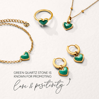 Green Quartz Heart Necklace & Huggie Set (Gold)