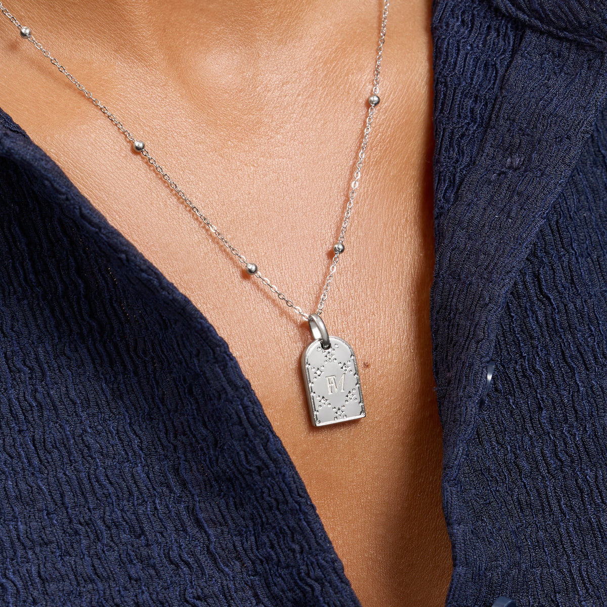 Monogram Double Initial Tag Necklace (Silver)