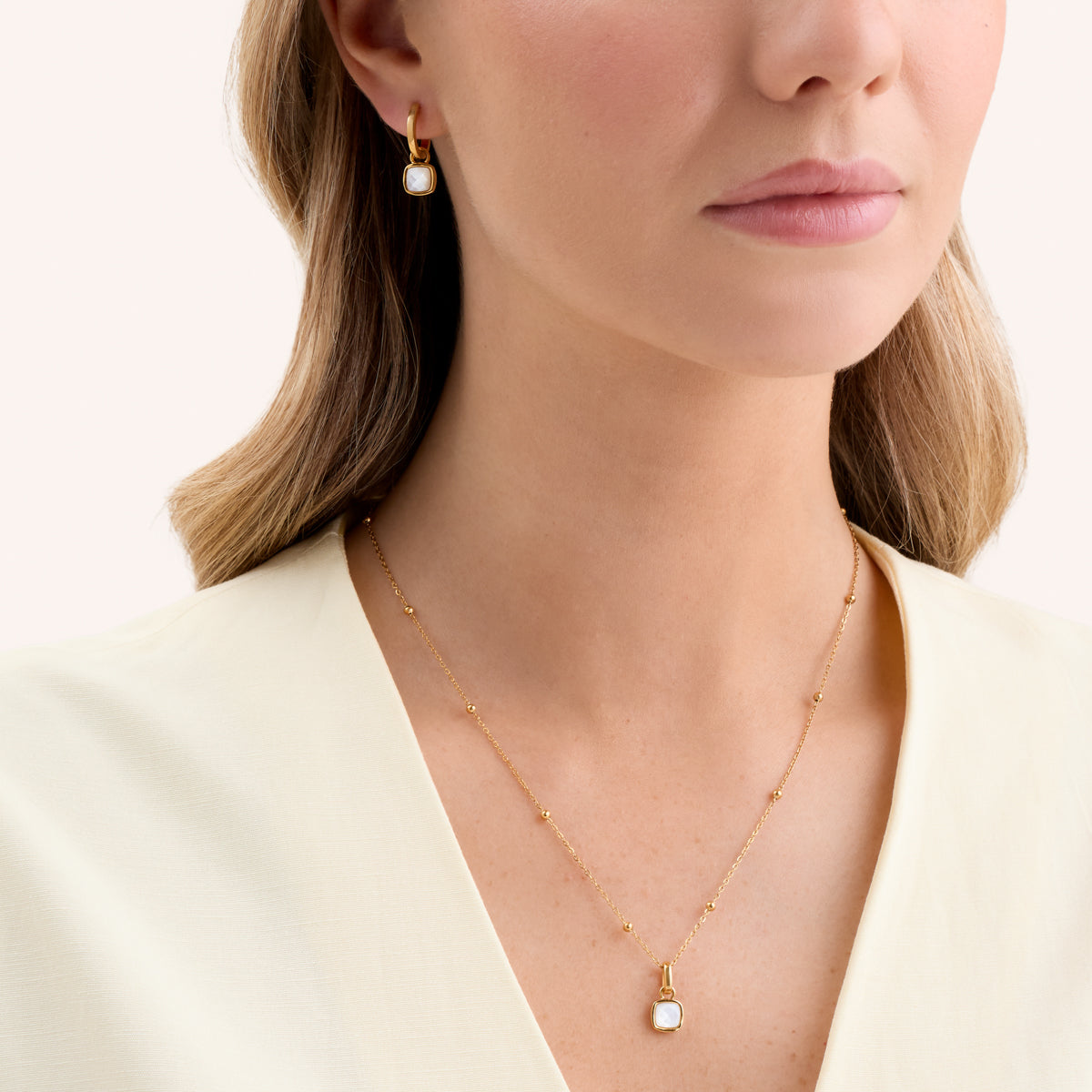 Mother of Pearl Cushion Necklace & Earrings Set (Gold)